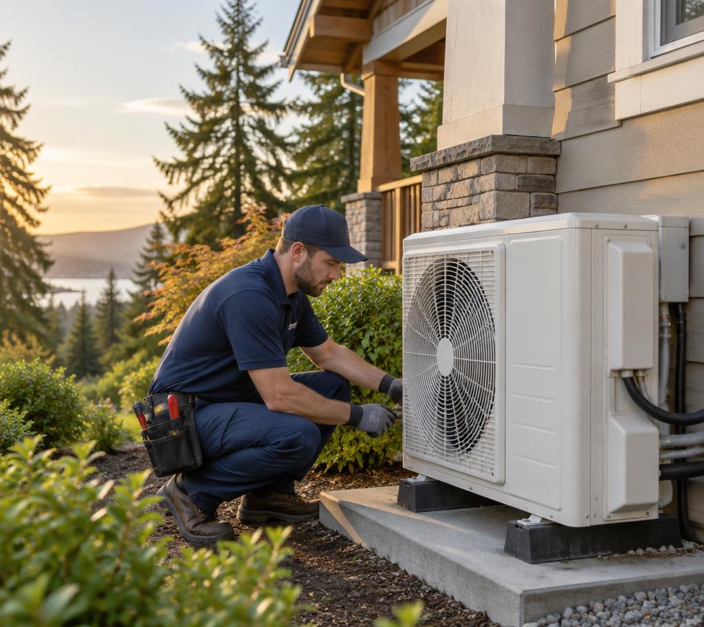 Gagle's Heating technician installing a heat pump at a Salem home